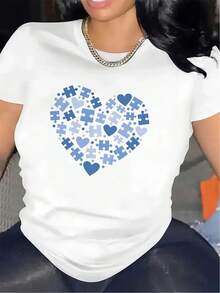 Comfortable Print. T-Shirt With A Heart-Shaped Puzzle Design. | Durable And Comfortable, Ideal For The Living Room Or Dining Room. Soft, Elegant, And Lightweight Fabric, Suitable For Everyday Wear. Crew Neck, Medium Stretch. Simple And Casual Summer T-Shirt. - 白色 - 查看 1