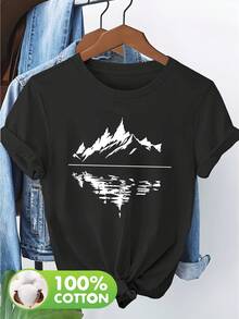 Women's 100% Cotton Short Sleeve T-Shirt With Subtle Outdoor-Themed Patches - Casual Spring And Summer Blouse, Machine Washable, Ideal For Picnics And Casual Wear, Non-Outdoor Printed T-Shirts - 黑色 - 查看 3