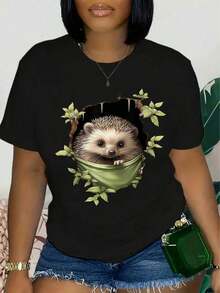 Women's Casual Short Sleeve Crew Neck T-Shirt - Green Hedgehog Peeking Through A Hole In A Tree And Leaves Print, Dark Grey Semi-Sheer Top For Summer And Spring, Machine Washable Wild Animal Design T-Shirt, Women's T-Shirts. - 黑色 - 查看 1