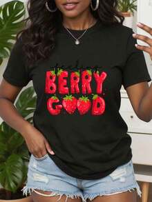 Casual Strawberry Print T-Shirt, Retro Strawberry Graphic T-Shirt, Vintage Fruit Illustration T-Shirt, Gift For Sweet Berry Lovers, Retro Style Clothing, Perfect Gifts For Grandma And Mom. - 黑色 - 查看 1