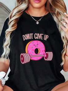 Women's Casual And Fashionable Activewear - Short-Sleeve Sports T-Shirt With Pink Donut And Fruit Print - Breathable, Sweat-Wicking, Lightweight, Comfortable, Soft - Unisex Vintage Urban Style, 100% Pure Cotton Short-Sleeve T-Shirt - 黑色 - 查看 1