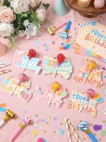 48件粉色生日派對裝飾卡通糖棒卡片，6種「生日快樂」圖案，適用於1歲生日、嬰兒洗禮、婚禮、嬰兒洗禮、簡單DIY糖果裝飾、性別揭曉派對裝飾 - 彩色生日 - 查看 4