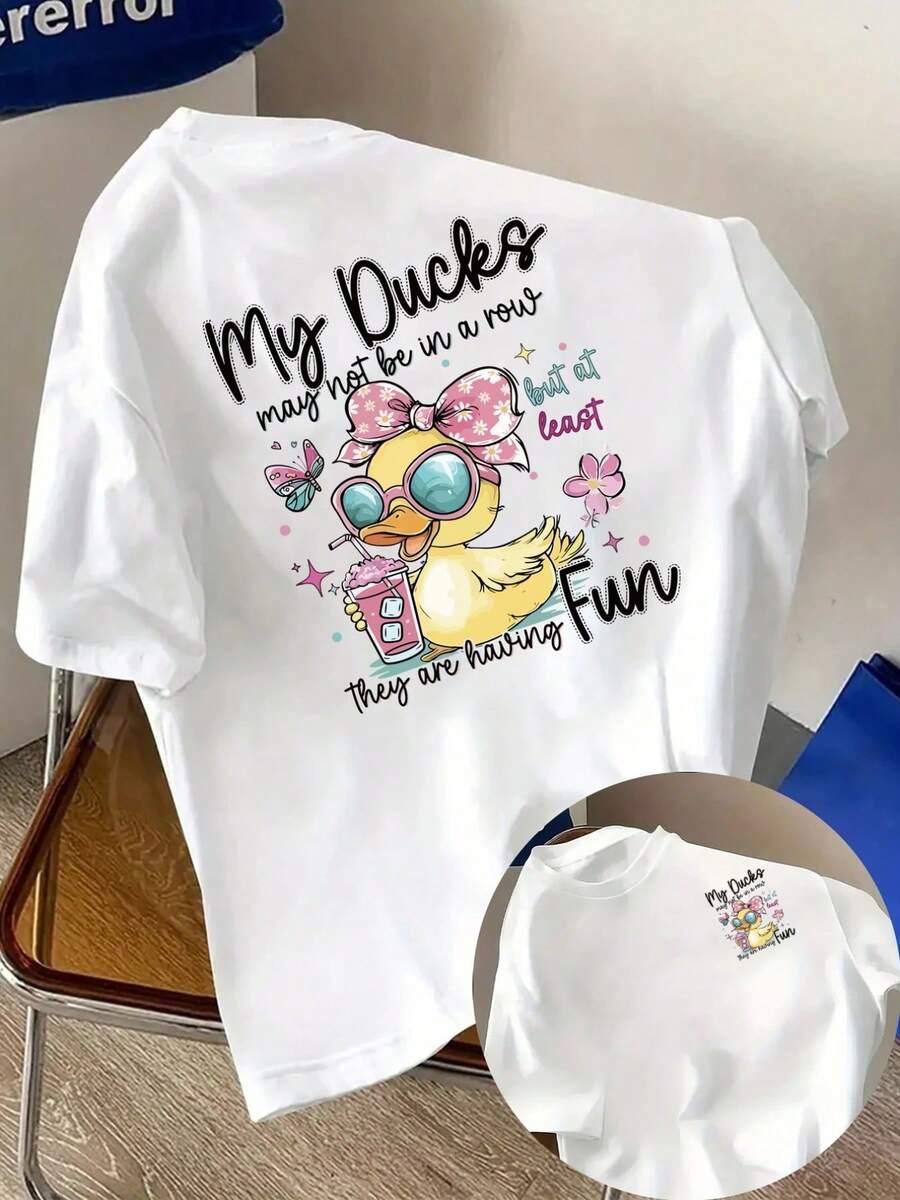 New Men's 180gsm Cotton T-Shirt With A Duck Print On The Front And Back. This Short-Sleeved T-Shirt Is Designed For Everyday Casual Wear And Outdoor Fitness Activities. It Features A Unique Double-Sided Pattern, Perfect For Layering In Spring And Autumn Or Wearing Alone In Summer. Unisex. - 白色 - 查看 1