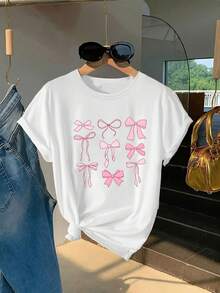 Nueva camiseta de manga corta de 180 g,% algodón, con estampado frontal - lazo, lazo rosa - camiseta estampada de moda para mujer, primavera/verano, artículo de moda, versátil e informal - adecuada para usar en capas en primavera y otoño y para usar sola en verano, unisex. - Blanco - Ver 6