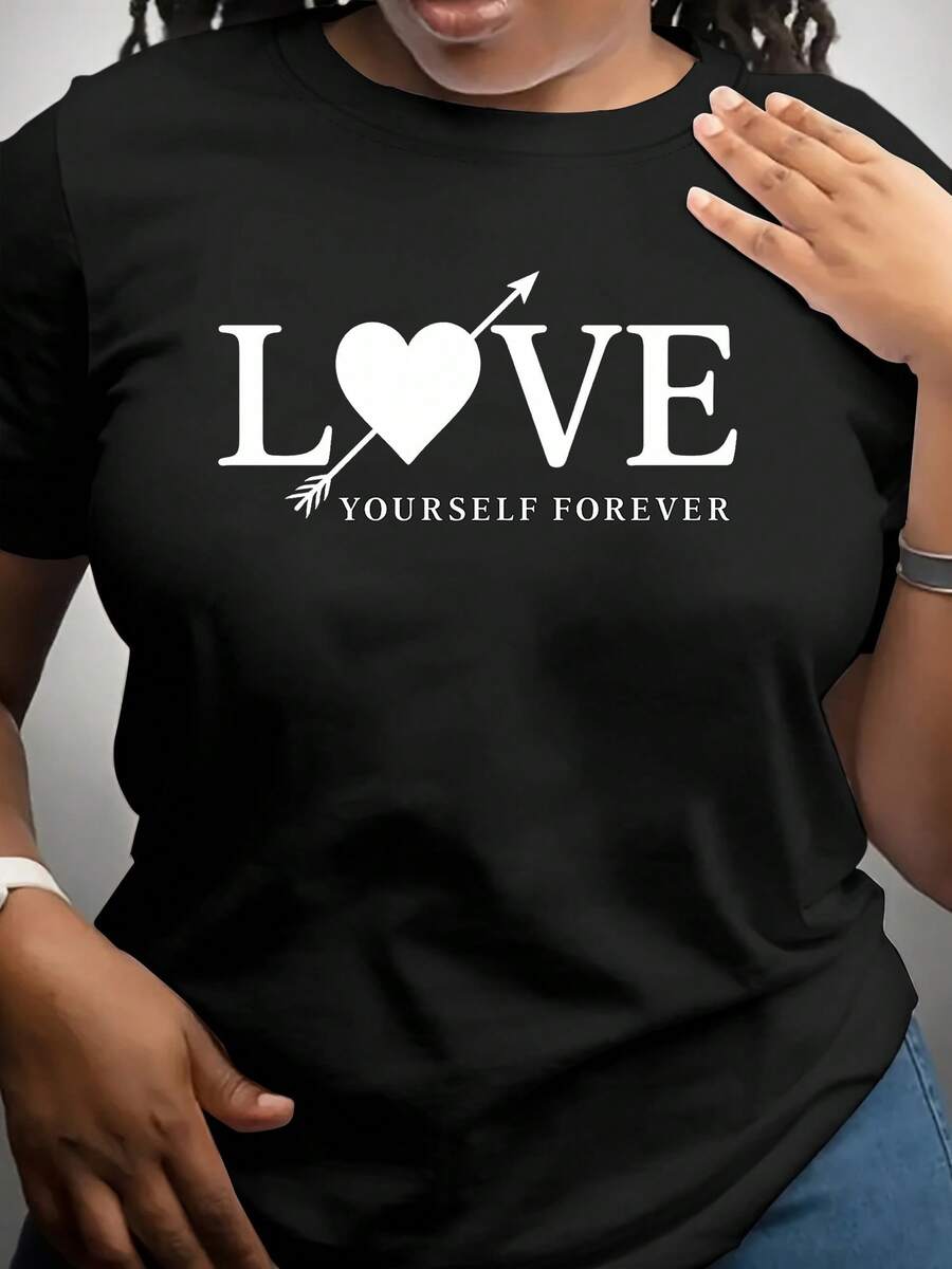 Women's Casual Top. T-Shirt With An Inspirational "Love Yourself" Print, Gray Color. A Must-Have For Everyday Casual Wear. - 黑色 - 查看 1