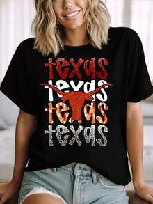 Women's Texas State Pride Longhorn Graphic T-Shirt, Casual Wear, Festival Outfit, Country Style, Cotton T-Shirt, Summer Fashion - 黑色 - 查看 1