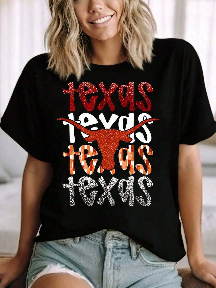 Women's Texas State Pride Longhorn Graphic T-Shirt, Casual Wear, Festival Outfit, Country Style, Cotton T-Shirt, Summer Fashion - 黑色 - 查看 1