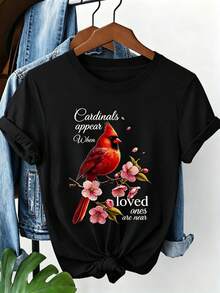 Soft, One-Piece Summer Outfit For Plus-Size Women, Featuring A Comforting And Healing Print Of The American Cardinal And Cherry Blossom In Commemoration Of The Motto "Cardinals Appear When Loved Ones Are Near," A Mother's Day Gift, Plus-Size Blouse For Women, Summer Clothes For Women, Elegant Blouses For Women. - 黑色 - 查看 1