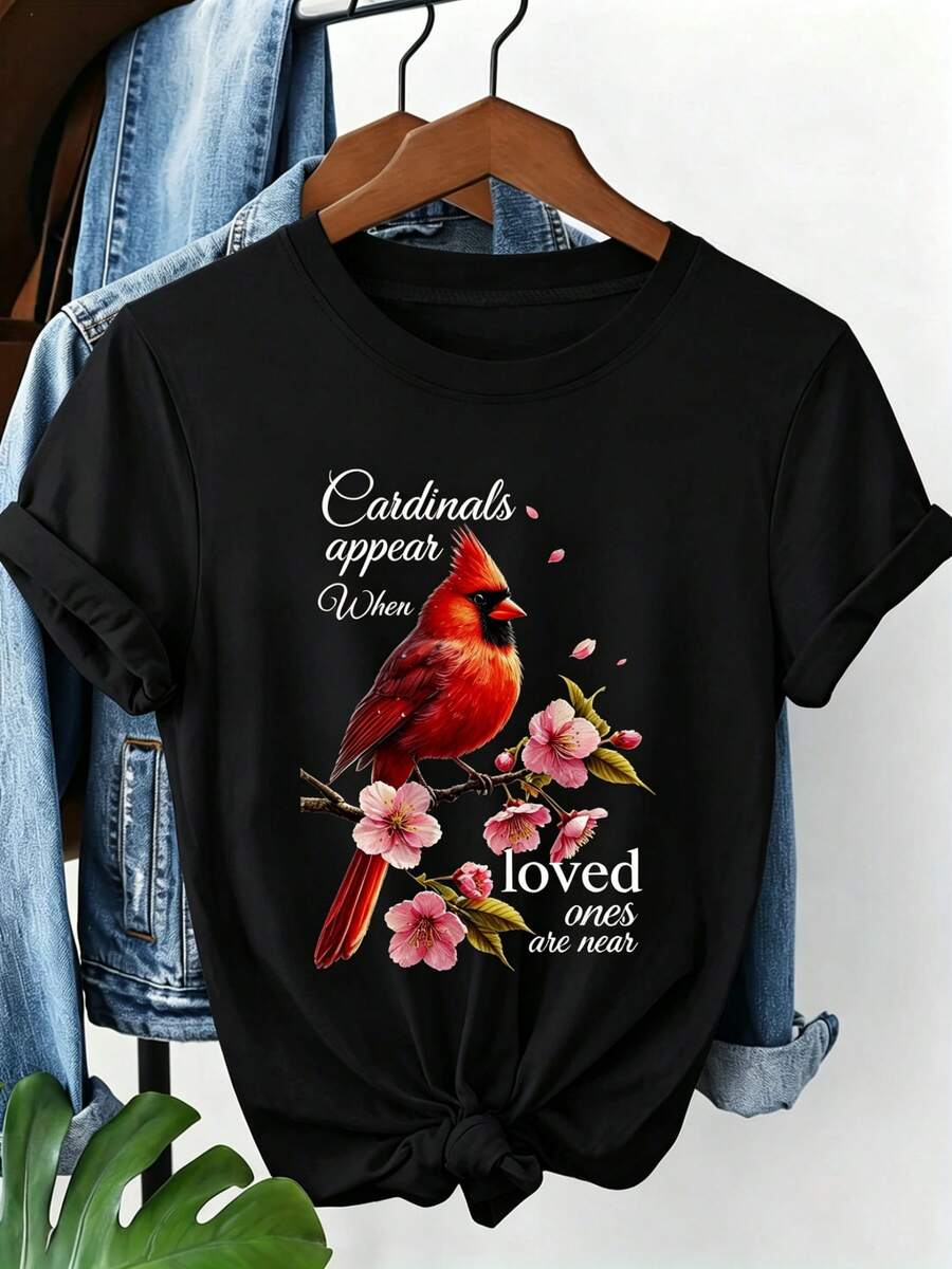 Soft, One-Piece Summer Outfit For Plus-Size Women, Featuring A Comforting And Healing Print Of The American Cardinal And Cherry Blossom In Commemoration Of The Motto "Cardinals Appear When Loved Ones Are Near," A Mother's Day Gift, Plus-Size Blouse For Women, Summer Clothes For Women, Elegant Blouses For Women. - 黑色 - 查看 1