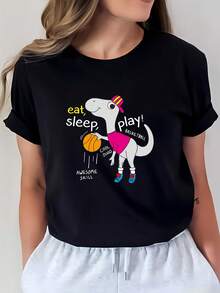 Camiseta Suave para Mujer |   Come, duerme, juega baloncesto, camiseta con estampado de dinosaurios |   El regalo perfecto para familiares y amigos |   Visto en la televisión y una opción popular durante la temporada patriótica. |   Cómodo y ajustado, adecuado para hacer ejercicio y para uso casual. - Negro - Ver 7