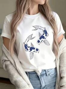 Koi Fish Print T-Shirt For Everyday Wear, Round Neck, Short Sleeve, Harajuku Style, Aesthetic Casual Clothing, Vintage Urban Style, Unisex, Loose Fit, Cotton - 白色 - 查看 1