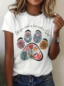 Women's Summer T-Shirt With Dog Paw Print And Floral Pattern, Short Sleeve, Round Neck, Casual Summer Clothing For Women - Urban Vintage Style, Unisex, Loose Fit Cotton Short Sleeve Round Neck T-Shirt - 白色 - 查看 2