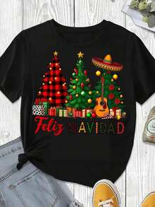 Christmas T-Shirt With Mexican Christmas Tree Print, Guitar And Sombrero, Merry Christmas, For Christmas Celebrations, Cool Summer Clothes For Women. - 黑色 - 查看 2