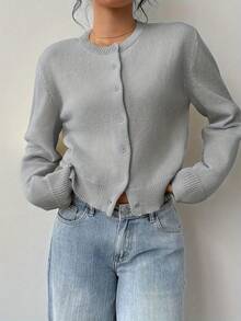 Women's Summer Lightweight Thin Knit Cardigan - Breathable Button Front Long Sleeve Crewneck Sun Protection Shrug - Soft Sheer Knitwear For A/C Room - Versatile Casual Slim Fit Cropped Sweater Top For Beach And Daily Wear Essentials - Xám - Xem 5
