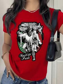 100% Cotton.  Warrior Holding A Maiden In Front Of The Mexica Calendar Symbol Represents Mexican Strength And Ancestral Pride Mixed With Passion And Respect. Women's 100% Cotton T-Shirt. Women's Simple Solid Color T-Shirt, Loose And Slim Fit Casual Short Sleeve - 紅色的 - 查看 11
