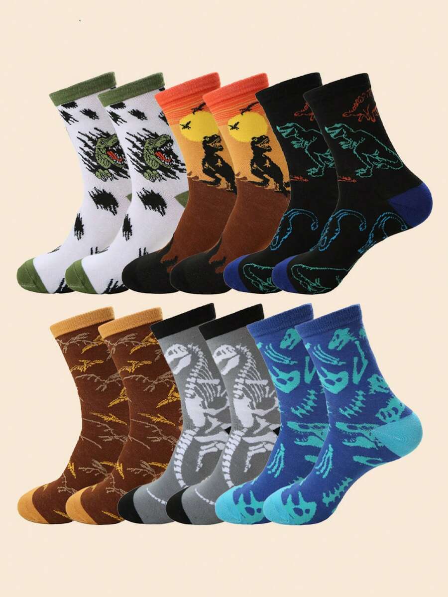1/3/6 Pairs Random Men's Dinosaur Contrast Color Pattern Comfortable Versatile Mid-Calf Socks, Suitable For Outfits - Multicolor - View 1