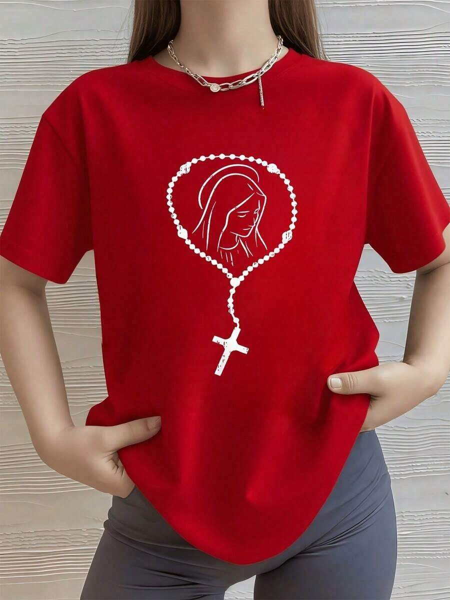 2026 New Cotton Shirt - NEW - Image Of The Virgin Surrounded By A Rosary With A Cross Symbolizing Faith, Hope, Love, And Divine Protection - Women's T-Shirt - 100% Soft And Comfortable Cotton - Vintage Street Style Unisex Loose Cotton Short Sleeve Crew Neck Shirt - 紅色的 - 查看 1
