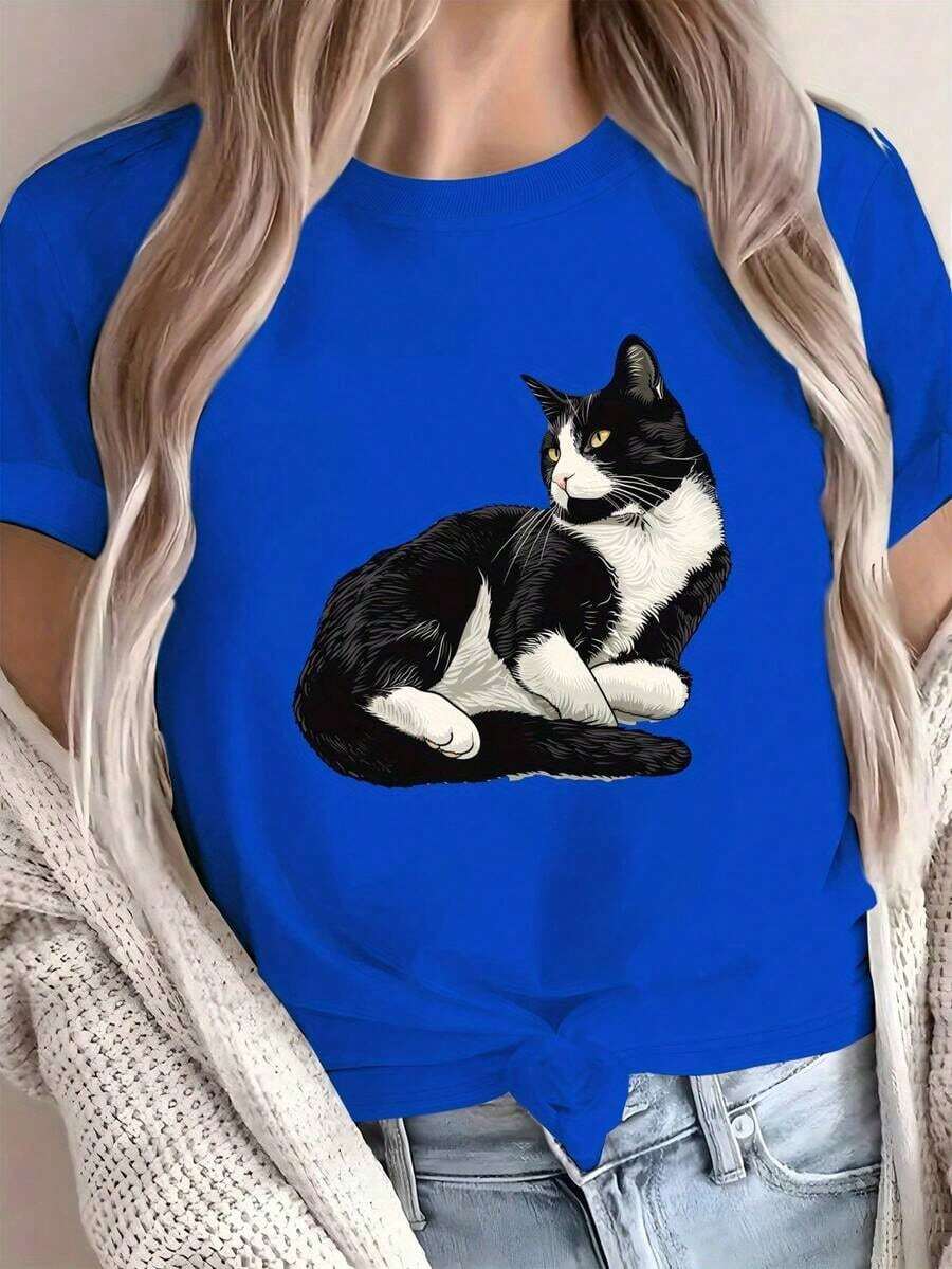 Gift: 1 Piece Of Comfortable Women's Shirt, Made Of Soft 100% Cotton Fabric, With A Detailed Illustration Of A White Cat. - 藍色的 - 查看 1