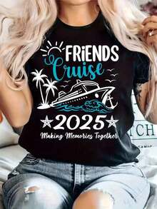 Women's Plus Size Casual T-Shirt - "Friends Cruise 2026" Design, Crew Neck, Short Sleeve, Slightly Stretchy Knit Fabric, Regular Fit, Comfortable All-Season T-Shirt, Ideal For Cruises And Leisure, Cruise T-Shirts - 黑色 - 查看 1