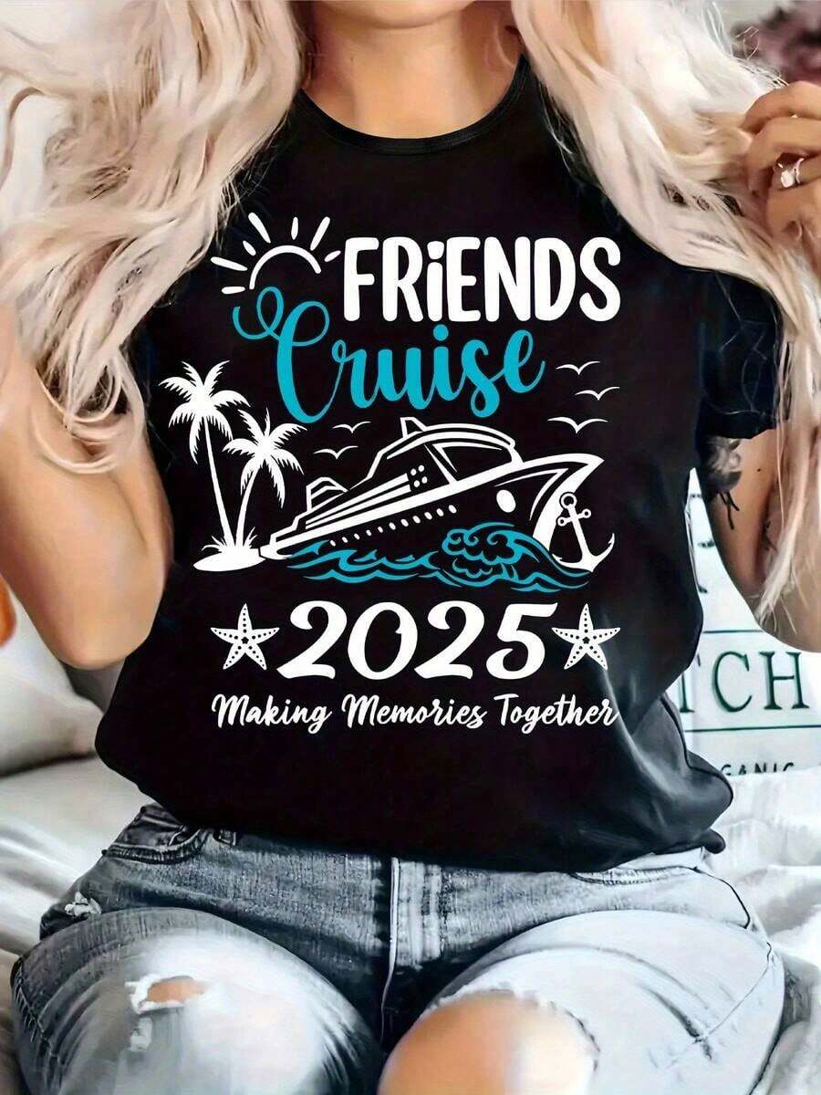 Women's Plus Size Casual T-Shirt - "Friends Cruise 2026" Design, Crew Neck, Short Sleeve, Slightly Stretchy Knit Fabric, Regular Fit, Comfortable All-Season T-Shirt, Ideal For Cruises And Leisure, Cruise T-Shirts - 黑色 - 查看 1