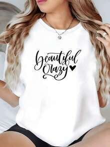 100% Cotton. The Print Expresses Self-Love And A Cheerful Attitude With The Phrase "Beautiful Crazy" Accompanied By A Heart That Symbolizes Freedom And Inner Confidence. Soft, White, 100% Cotton, Comfortable And Modern Women's T-Shirt. Women's Simple Solid Color T-Shirt, Loose And Slim Fit Casual Short Sleeve - 白色的 - 查看 12