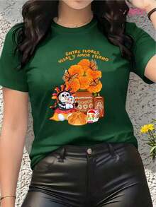MYNOVA C Women's Soft Cotton T-Shirt, Plus Size, With Day Of The Dead Skull And Flower Print, Halloween Gift, Outfit, Fashionable Women's Summer Dresses, Casual, Perfect For All Seasons, Sizes S M L XL, 100% Cotton Women's T-Shirts - 綠色 - 查看 2
