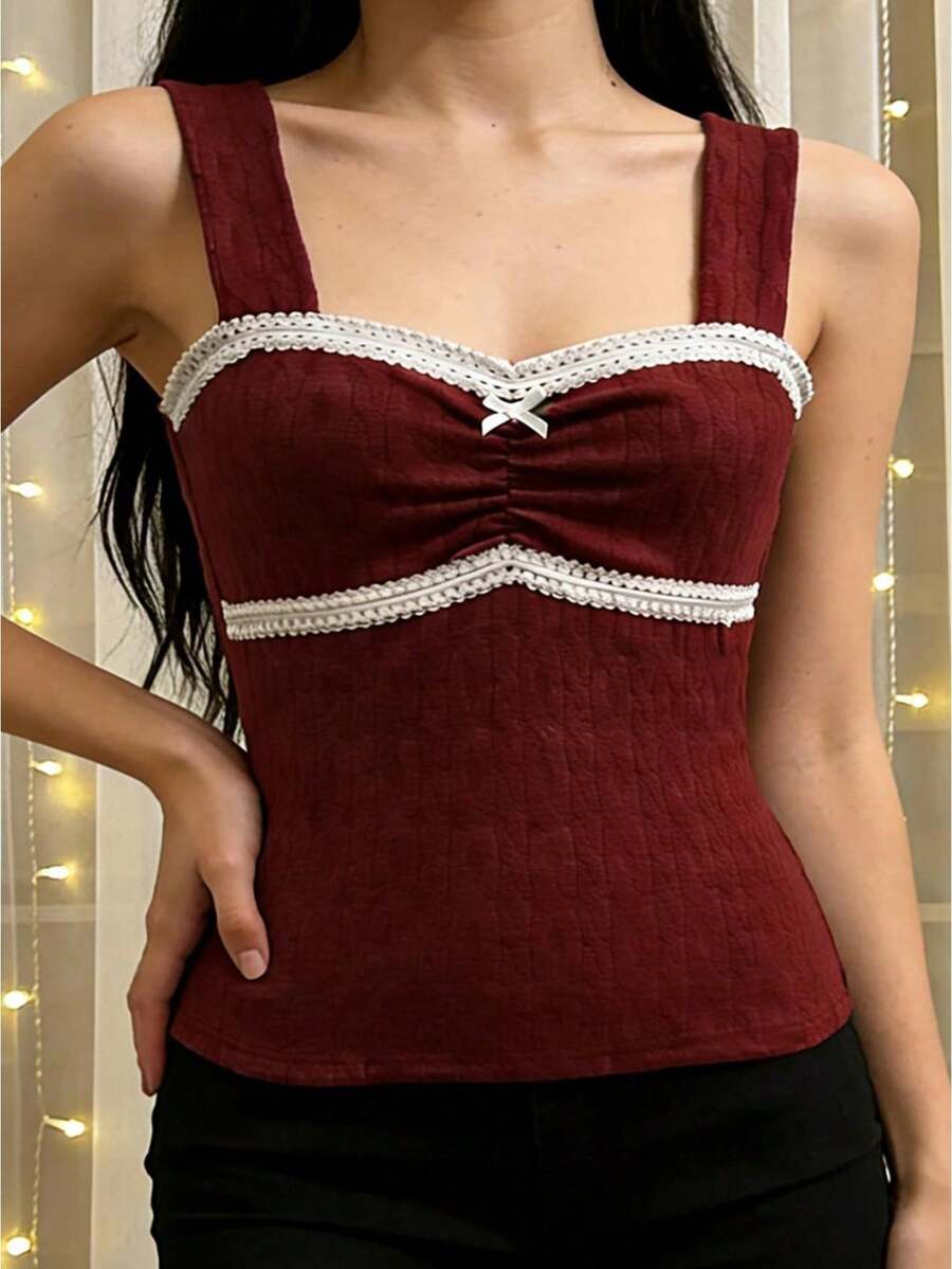 Women's Knit Camisole Elegant Lace Trim Sleeveless Square Neck Slim Fit Ribbed Tank Tops For Party Daily Wear - Red - View 1