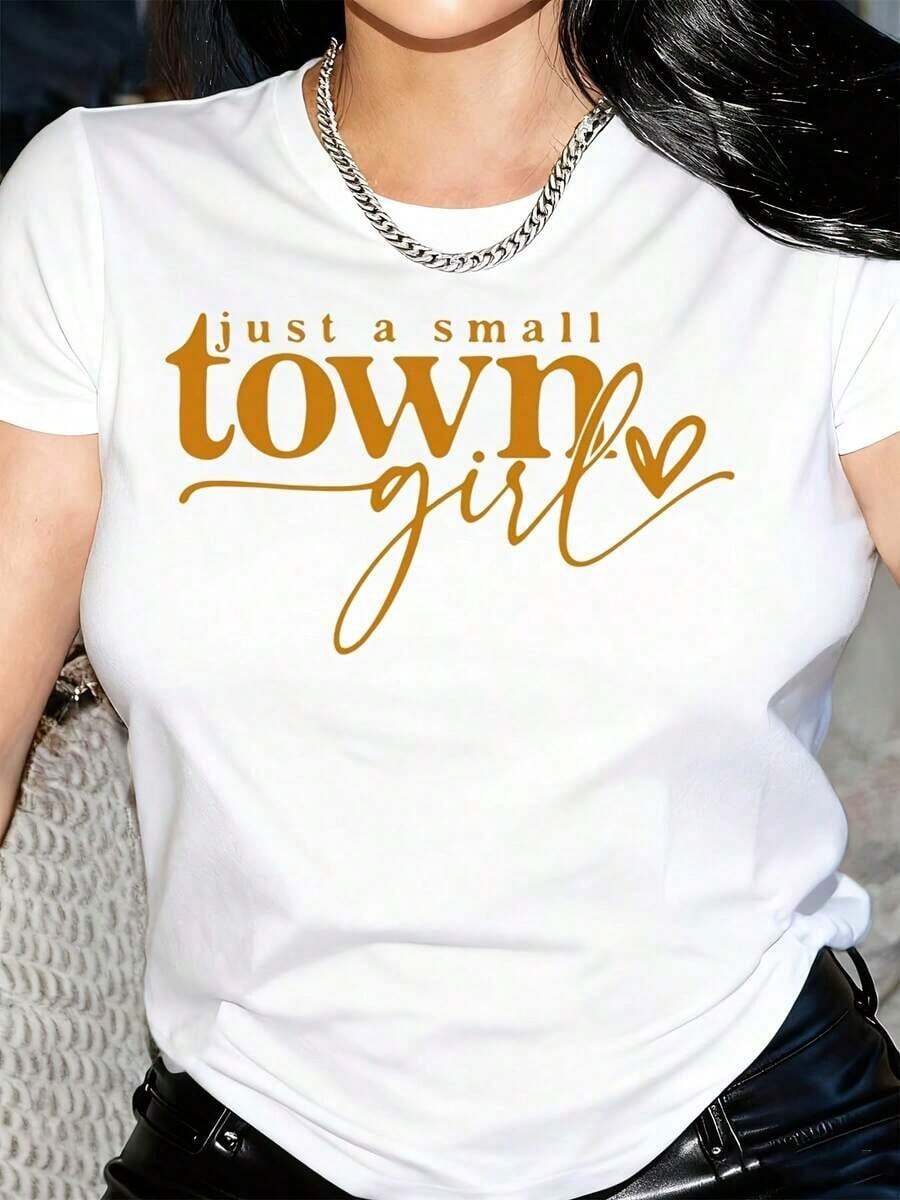Women's Small Town Letter Print T-Shirt - Casual Short Sleeve Crew Neck Top For Summer And Spring, Black With White Letters And Heart Design, Lightweight Polyester, Women's T-Shirts - 白色 - 查看 1