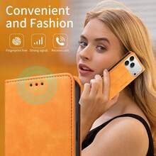 Business Style PU Leather Flip Phone Case, Shockproof Anti-Fall Wallet Cover With Stand Function For Galaxy S8/S9/S10/S20/S21/S22/S23/S24/S25/S26/Plus/FE/Ultra/Note 10/Note 20 - Orange - View 8