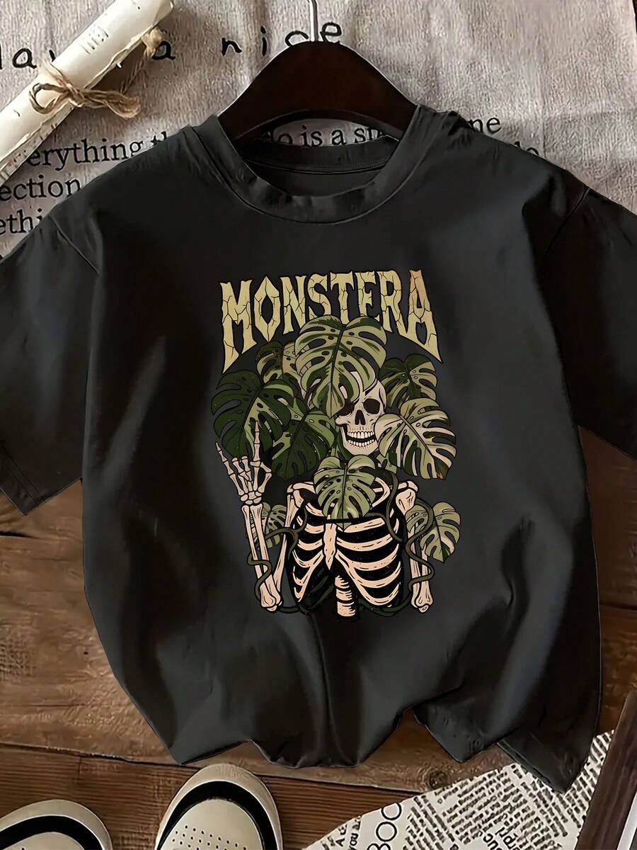 Women's T-Shirt With Mexican Skeleton Monstera Print | Comfortable, Casual Crew Neck, Regular Length, Geometric Design, Versatile Style For Spring/Summer, Elegant Gift For Women. Fashionable Summer Cotton T-Shirt. - 黑色 - 查看 1