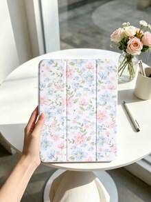 1 件装水彩粉蓝花叶图案彩绘平板电脑保护套，适用于 iPad Mini 4/Mini 5/Mini 6/Mini 7/Air/Air 2/9.7/10.2/10.5/Air 4/Air 5/10.9/Pro 11 英寸/第十代/Air 11 英寸 (M2)-2024/Pro 11 英寸 (M4)，以及 Galaxy Tab A8 10.5 英寸 2022 款。产品不含触控笔。内置触控笔插槽，三折支架，TPU 软边设计，防摔耐磨，磁吸式睡眠/唤醒功能。独特/创意/趣味/个性/浪漫的三折平板电脑保护套，带触控笔插槽。 - 彩色 - 查看 3