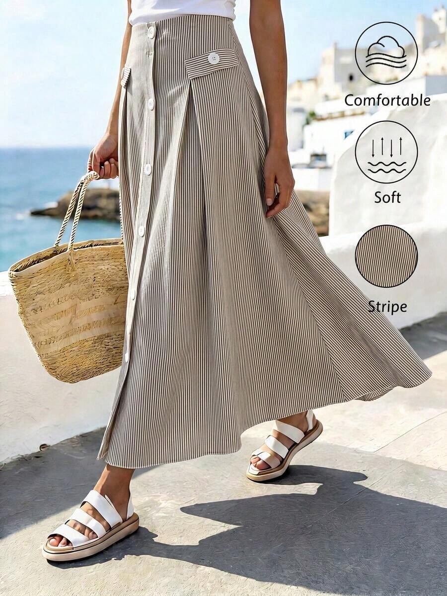 Women's Casual A-Line Skirt With Striped Front Buttons - 黑色 - View 1