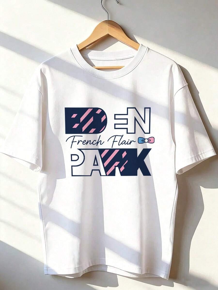 T-Shirt With "DEN PARK" And "French Flair" Text, Short-Sleeved T-Shirt For Spring And Summer 2026, Made In Mexico, 180 Grams. Cartoon Print, Couple Design, Suitable For Indoor Or Outdoor Wear. Crew Neck, Unisex, Ideal For The Office And Leisure. One-Pack. - WH-P631577SLNDXZGY604 - 查看 1