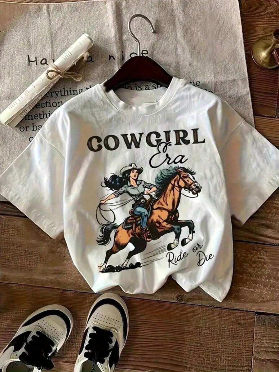 Women's Faux Denim Sport T-Shirt - Western Cowgirl Graphic Tee - Short Sleeve Crew Neck Top With Soft And Stretchy Denim Print, Cowgirl And Horse Design, "COWGIRL Ride Die" Slogan, Machine Washable Casual T-Shirt For Spring, Summer And Autumn, Country Music Festivals And Plus Size Relaxed Fit T-Shirt, Breathable And Comfortable. - 白色 - 查看 1
