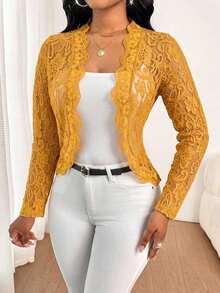 Lady Chaqueta elegante y casual con volantes de encaje para uso diario, para otoño - Amarillo - Ver 6