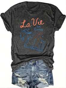 Women's Casual Summer T-Shirt, Literary Style, Parisian Style, Playful Fashion, College Style, Book Aesthetic, Predestined To Read French Phrases - 白色 - 查看 9