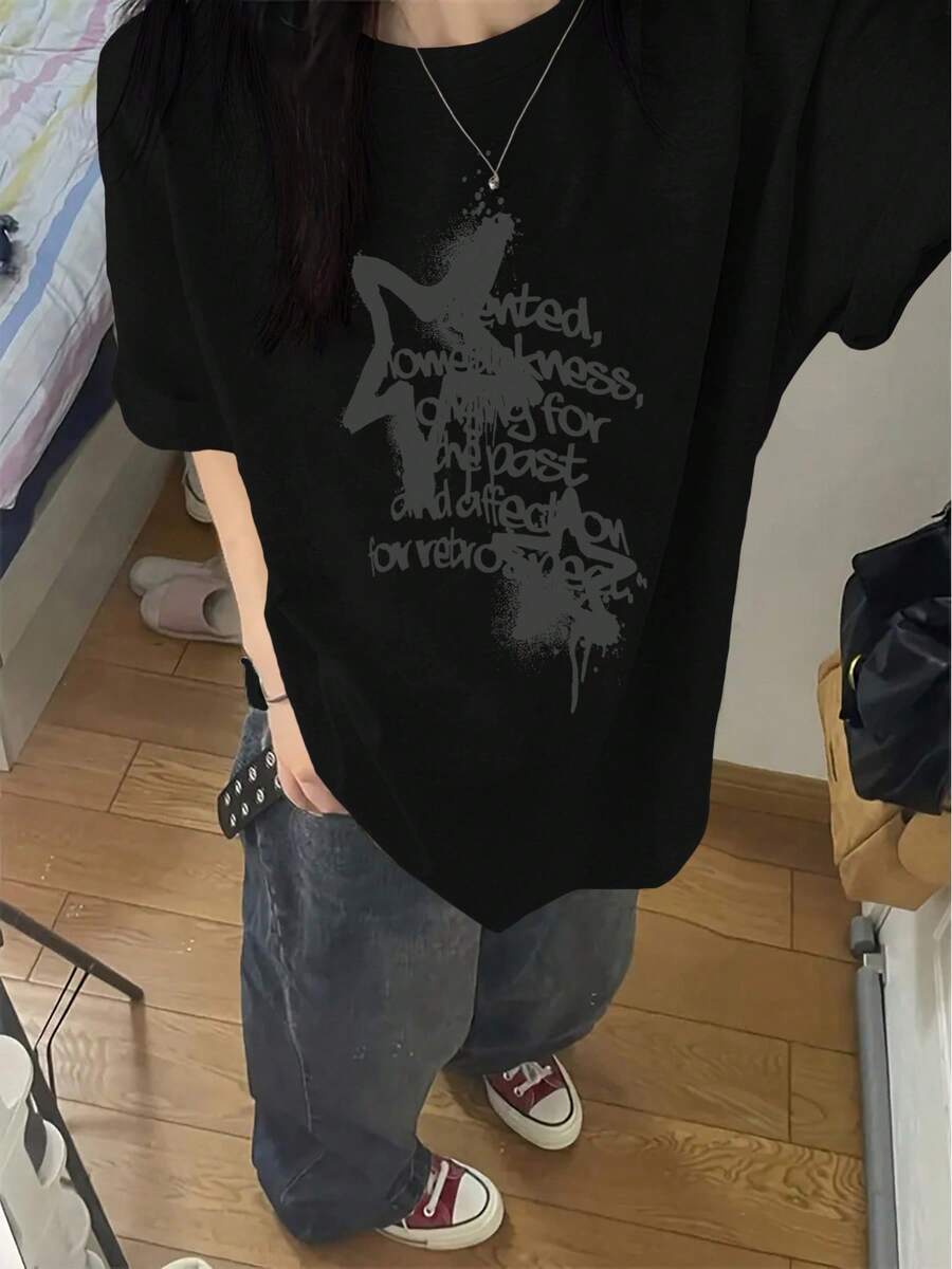 Women's Short-Sleeved T-Shirt With A Black Letter Print Design, A Versatile And Loose-Fitting Summer Top With A Round Neck. High-Performance Value From KNYD. - Black - View 1