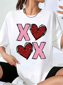 Women's Oversized T-Shirt With Sparkling Heart Print Xoxo, Fashionable Casual Top, Valentine's Day Gift, Artistic T-Shirt - 白色 - 查看 1