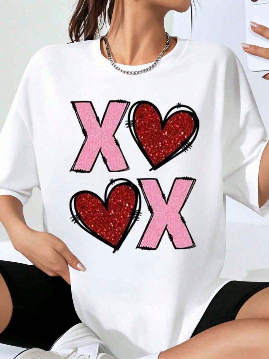 Women's Oversized T-Shirt With Sparkling Heart Print Xoxo, Fashionable Casual Top, Valentine's Day Gift, Artistic T-Shirt - 白色 - 查看 1