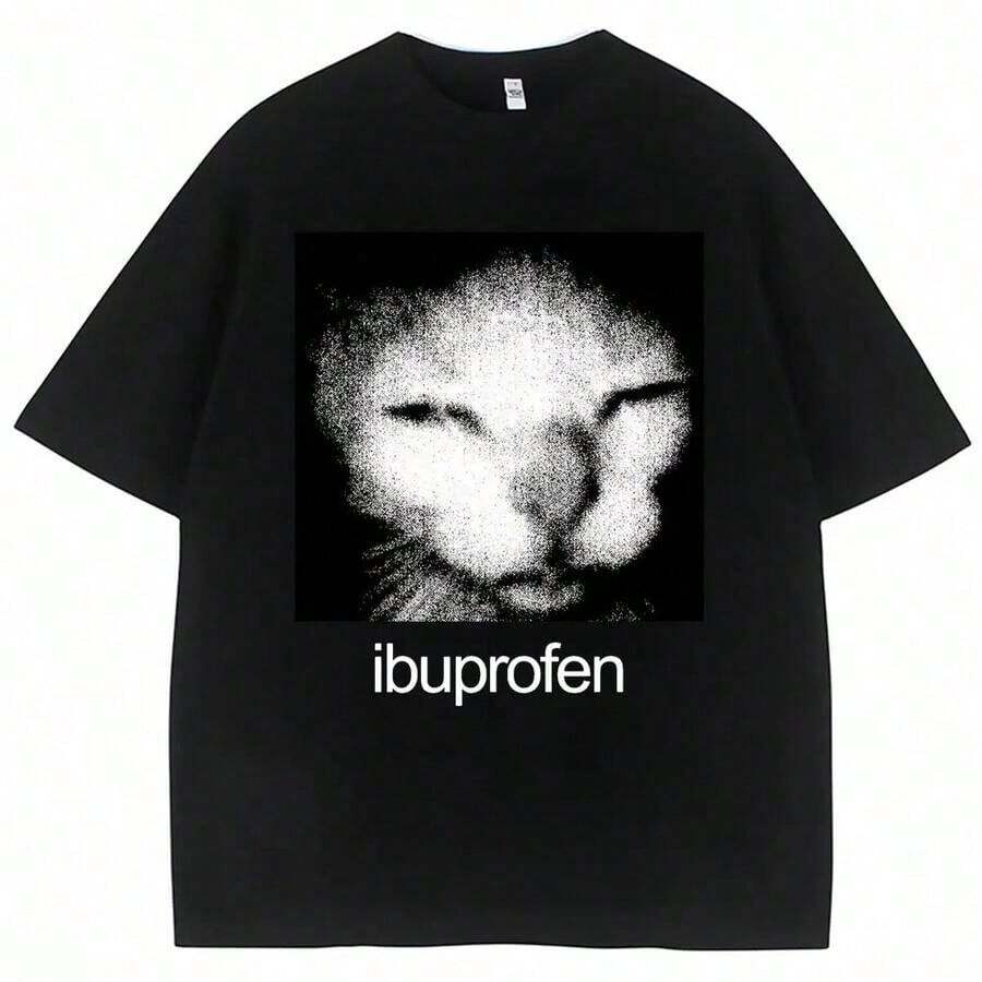 -Funny Vintage T-Shirt With A Motif Of A Cat Taking Ibuprofen. -Funny And Casual WoClothing Harajuku T-Shirt For Festivals. - Black - View 1