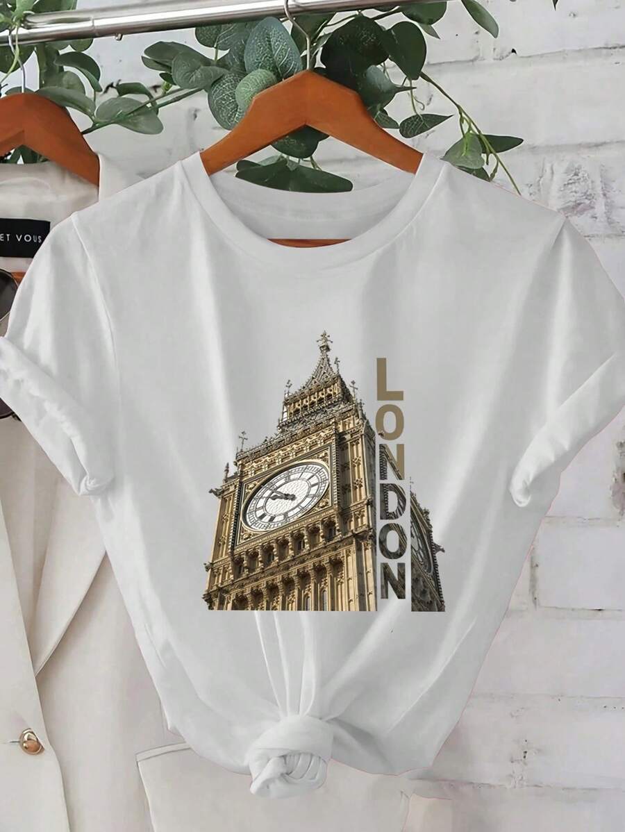 Women's Printed T-Shirt, Casual, Holiday Wear, Short Sleeve, Round Neck, Spring/Summer, Machine Washable, New Women's Clothing, Versatile For Going Out, Suitable For Sports. - 白色 - 查看 1