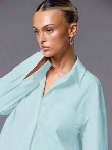 Camisa oversize con botones, ideal para vacaciones, aeropuerto, playa, escuela, trabajo, invierno, primavera, verano y ocasiones casuales en estilo Y2K - Celeste - Ver 5