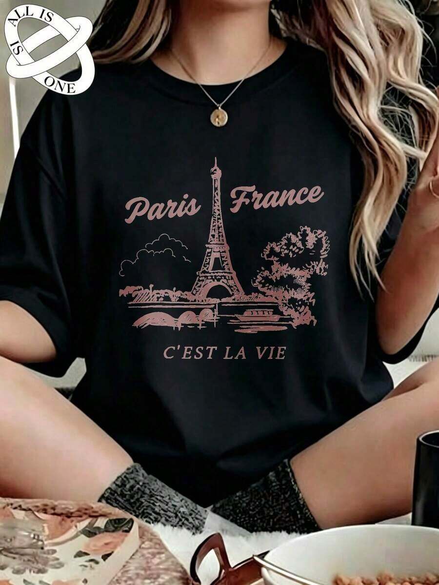 ALL IS ONE 100% Pure Cotton Women's T-Shirt With Pink Eiffel Tower Print "Paris France", Premium Quality, Breathable And Soft To The Touch - 黑色 - 查看 1