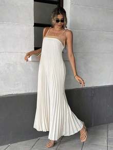 Vestido informal de unicolor con costuras de pliegues, tirantes con flecos para vacaciones, para mujeres - Albaricoque - Ver 1