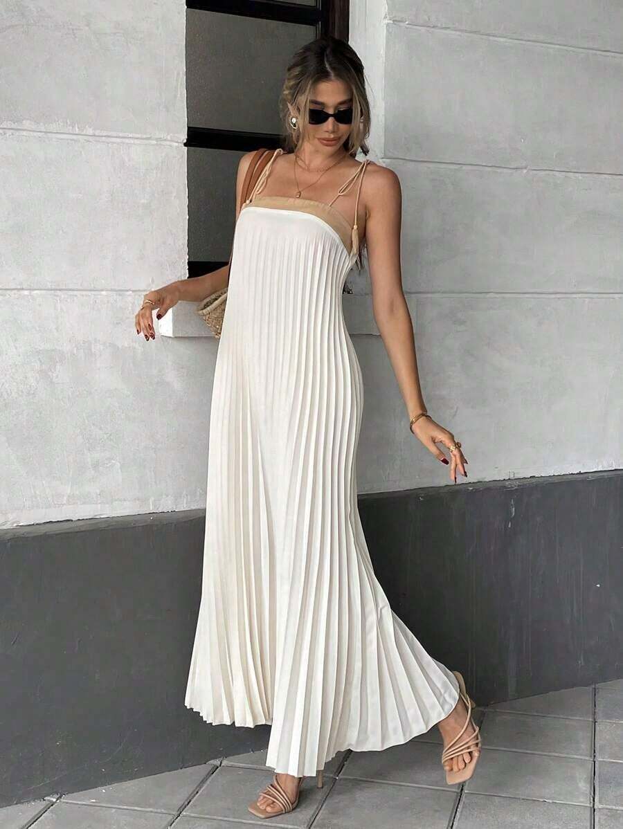 Vestido informal de unicolor con costuras de pliegues, tirantes con flecos para vacaciones, para mujeres - Albaricoque - Ver 1