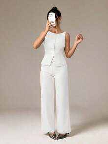 PETITE Conjunto de chaleco y pantalones de un solo pecho de unicolor con cuello redondo, elegante traje de oficina para mujer, ropa de mujer de verano y otoño, conjunto de oficina, ropa casual de negocios, conjunto de dos piezas, ropa de oficina de otoño para mujer, conjunto de blazers para mujer - Blanco - Ver 1