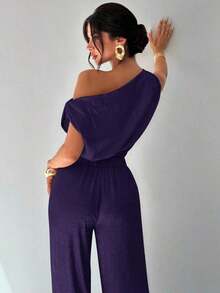 Conjunto de blusa suelta asimétrica sin hombros con baño de oro sin mangas y pantalones de pierna ancha con cintura elástica, adecuado para citas, fiestas, viajes diarios, festivales de música, ceremonias de graduación, atuendos de maestros y ocasiones formales - Morado - Ver 7