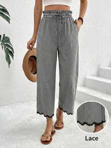 Pantalones casuales de mujer con cintura con cordón a cuadros - Blanco y Negro - Ver 1
