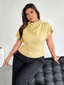 Blusa ajustada con cuello fruncido, manga asimétrica y cintura fruncida con estampado de lunares marrones.Adecuada para ir a trabajar, estilo vintage, elegante, para usar en las cuatro estaciones y para vacaciones en la Riviera Francesa - Amarillo - Ver 2