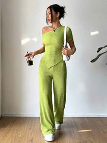 Set de 2 piezas: Camiseta con hombro asimétrico + Pantalones de pierna ancha y cintura baja, Ropa de estar en casa casual - Verde - Ver 3